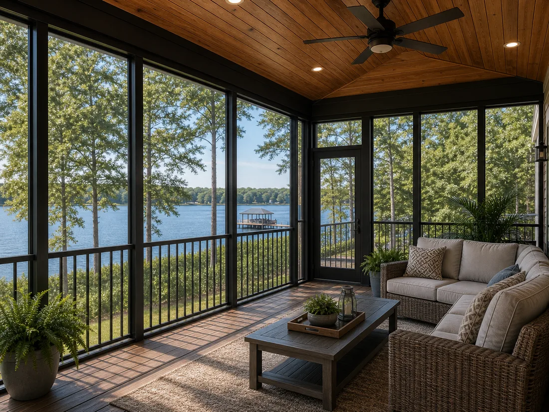 Screened porch interior with lake view